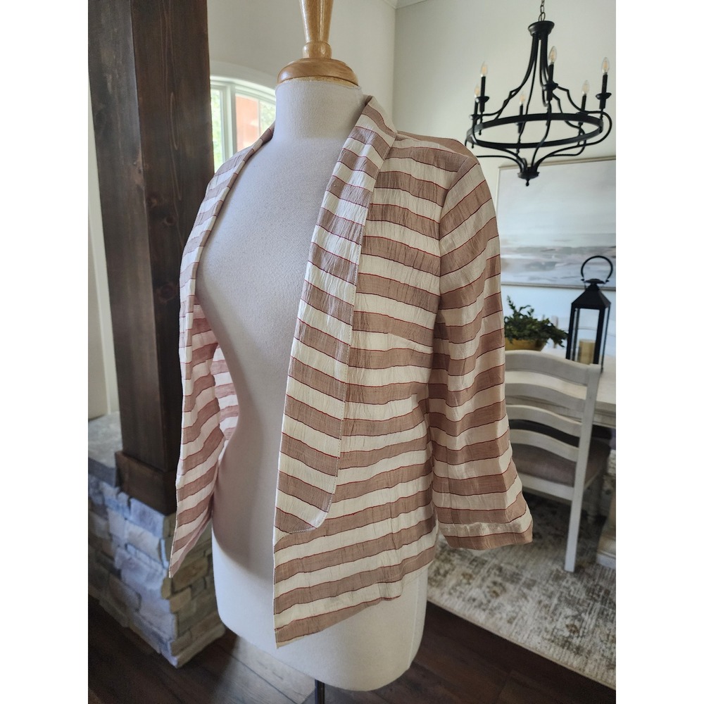 Ann Taylor LOFT Linen Blend Striped Open Front Blazer Jacket Beige Red Size 4